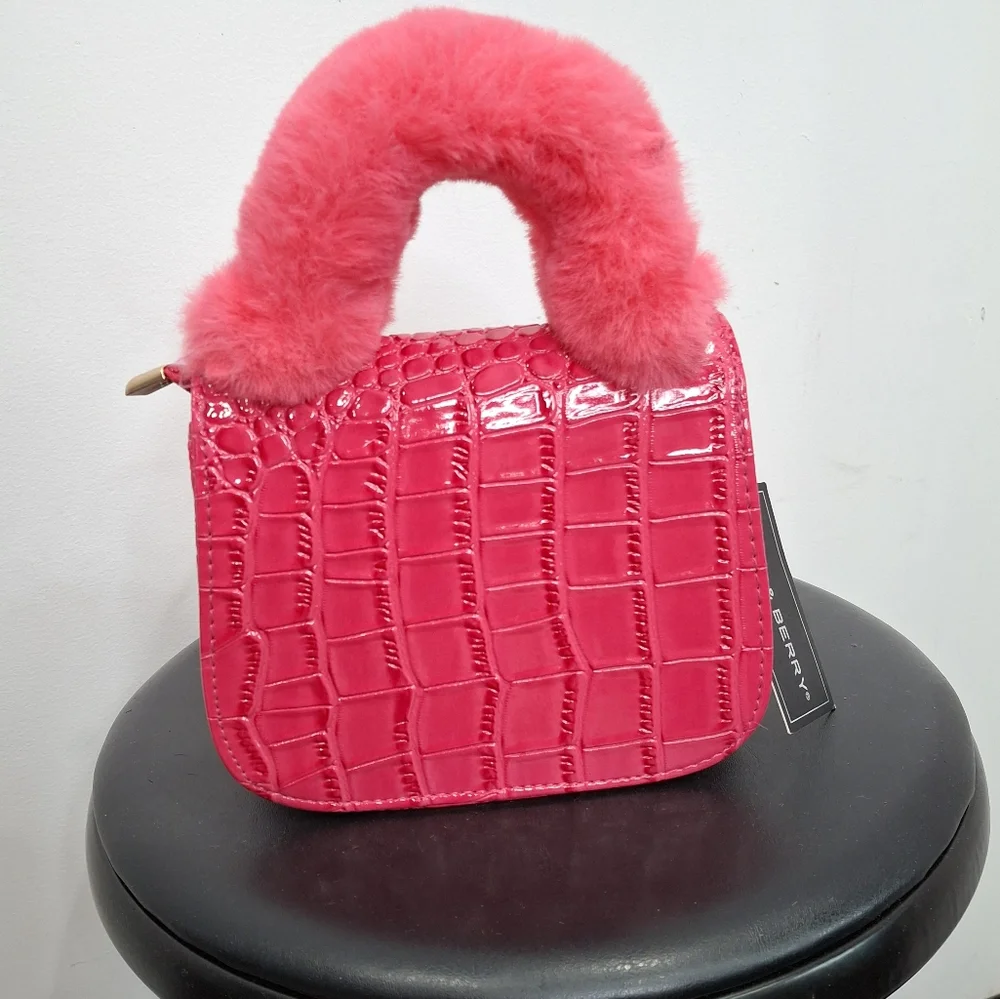 Pink Preppy Mini Crock Embossed Pearl Buckle Fuzzy Bag - Picture 4 of 7